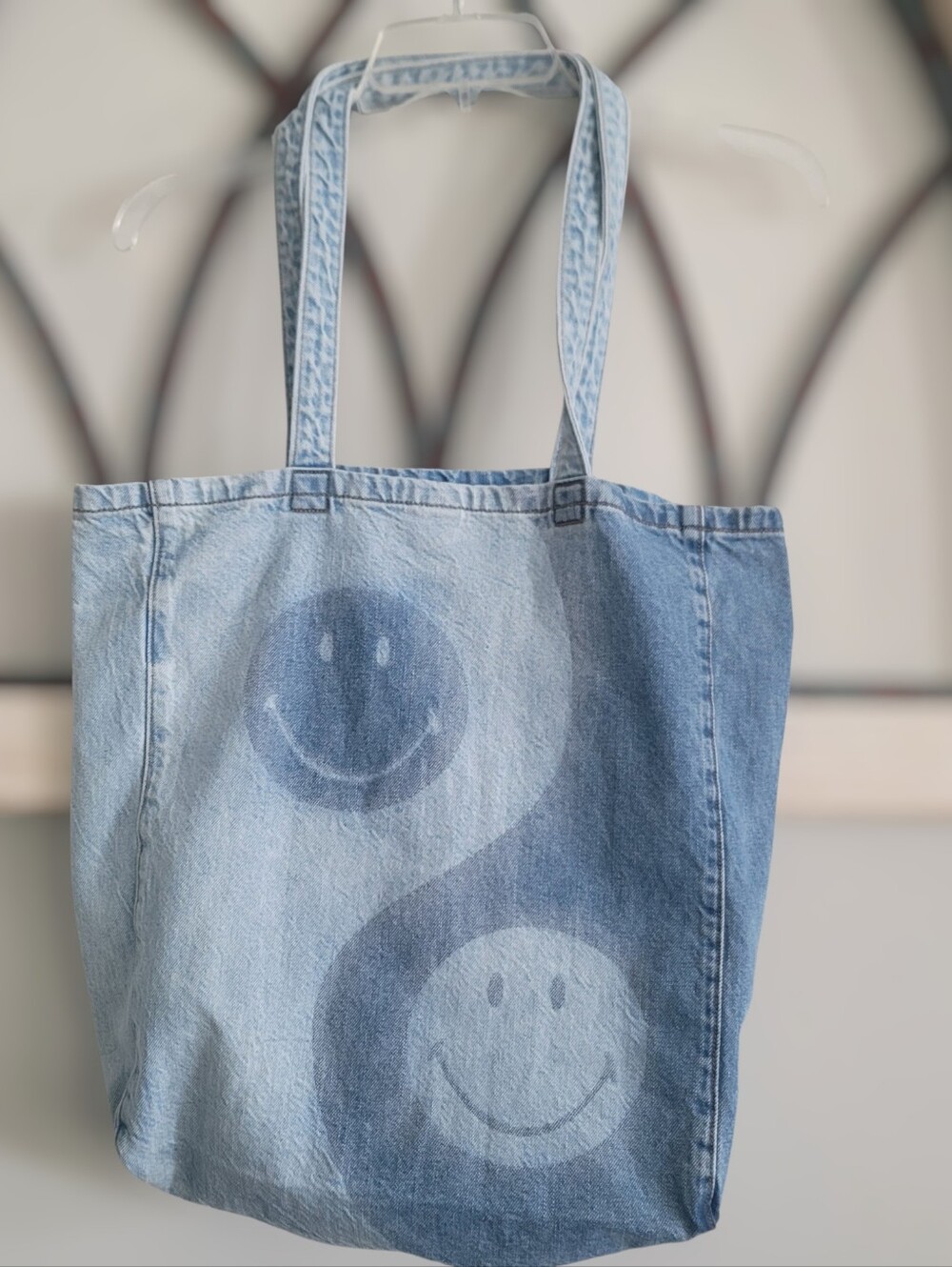 American Eagle Outfitters Yin Yang Denim Tote Bag, Smiling Faces - Picture 2 of 4